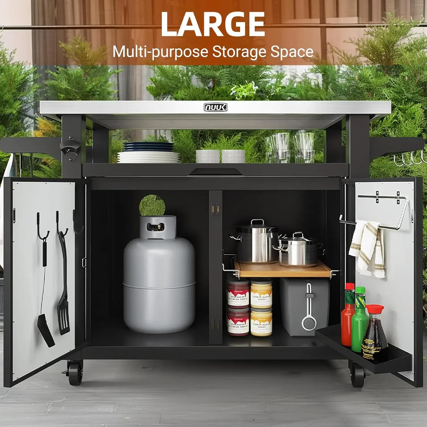 Outdoor Grill Cart with Storage Cabinet Metal Kitchen Island Prep Table with Movable Universal Wheels and Stainless Steel Top fo
Outdoor Grill Cart with Storage Cabinet Metal Kitchen Island Prep Table with Movable Universal Wheels and Stainless Steel Top fo