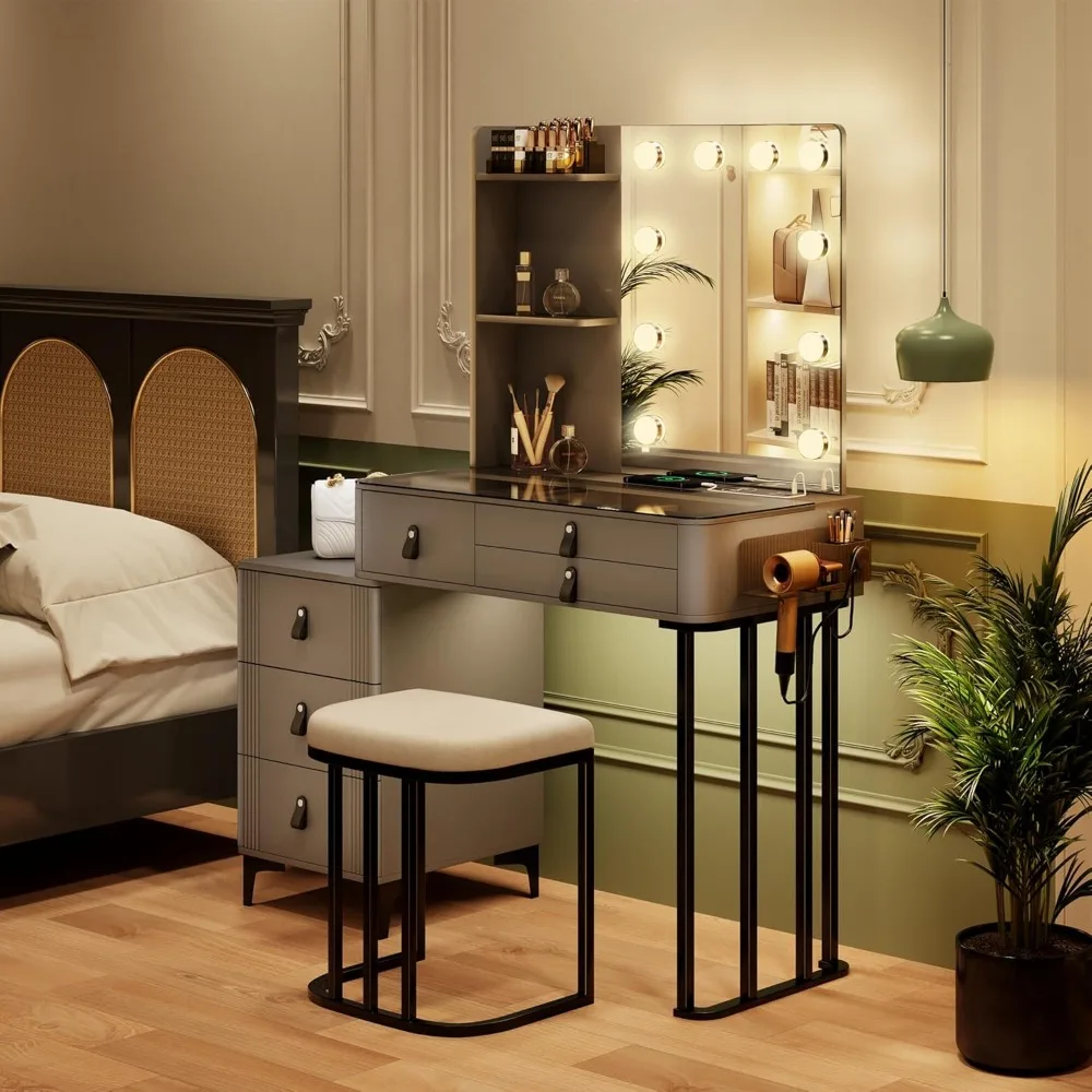 Dressing table with mirror and light, dimmable LED bulbs, wireless charging station, tempered glass tabletop
Dressing table with mirror and light, dimmable LED bulbs, wireless charging station, tempered glass tabletop