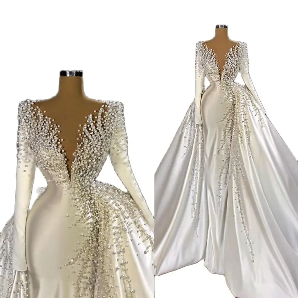 Customized Luxury Pearls Mermaid Wedding Dresses Overskirt V Neck Satin Long Sleeve Bridal Gowns Elegant Robes De Mariée
Customized Luxury Pearls Mermaid Wedding Dresses Overskirt V Neck Satin Long Sleeve Bridal Gowns Elegant Robes De Mariée