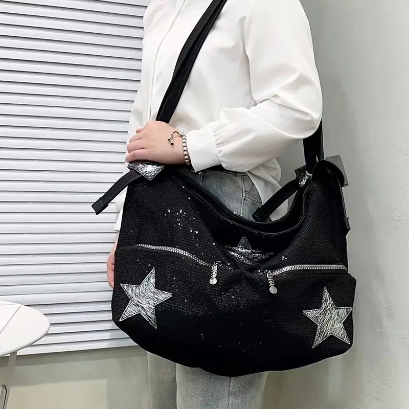 European/American Fashion Motorcycle Style Nylon Fabric Sequin Mesh Hollowed Out Large Capacity Portable Shoulder Bag For Women
European/American Fashion Motorcycle Style Nylon Fabric Sequin Mesh Hollowed Out Large Capacity Portable Shoulder Bag For Women