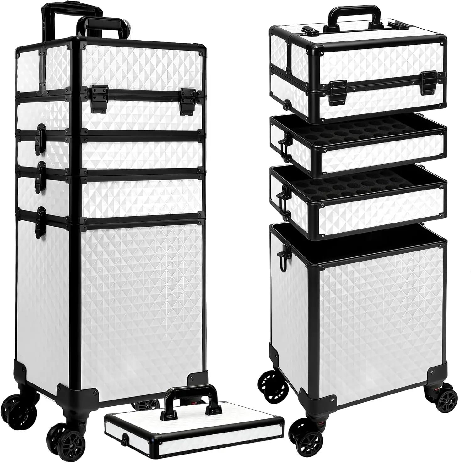 5 in 1 Rolling Makeup Train Case on Wheels Large Cosmetic Organizer Travel Cart for Women Salon Hairstylist White
5 in 1 Rolling Makeup Train Case on Wheels Large Cosmetic Organizer Travel Cart for Women Salon Hairstylist White
