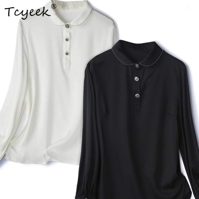Tcyeek 93% Mulberry Silk 7% Spandex Spring Summer Temperament Lapel Loose Fitting Long Sleeved Black White Women's Shirts 여름옷
Tcyeek 93% Mulberry Silk 7% Spandex Spring Summer Temperament Lapel Loose Fitting Long Sleeved Black White Women's Shirts 여름옷