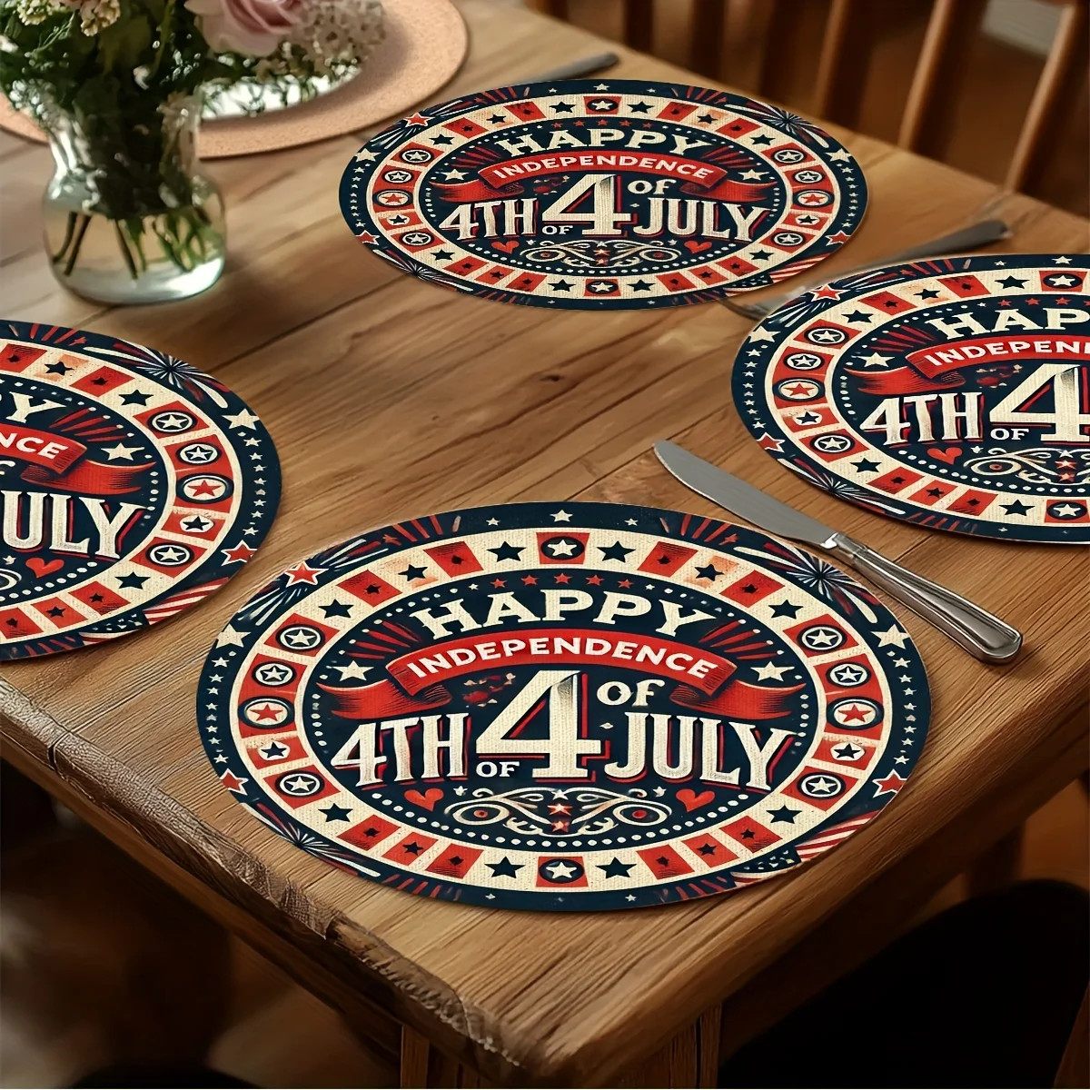 4PCS Happy Fourth of July round placemat, suitable for dinner parties and home decoration, dining table mat 15X15 inches, polyester material
4PCS Happy Fourth of July round placemat, suitable for dinner parties and home decoration, dining table mat 15X15 inches, polyester material