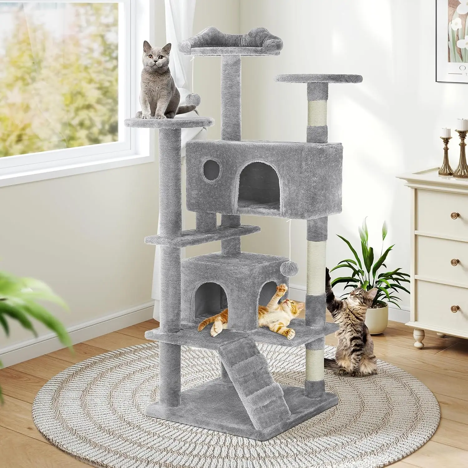 Multi-Level 54 Inches Cat Tree Tower, Indoor Climbing Tree Cat House with Scratching Posts, Condos, Dangling Ball and Ro
Multi-Level 54 Inches Cat Tree Tower, Indoor Climbing Tree Cat House with Scratching Posts, Condos, Dangling Ball and Ro