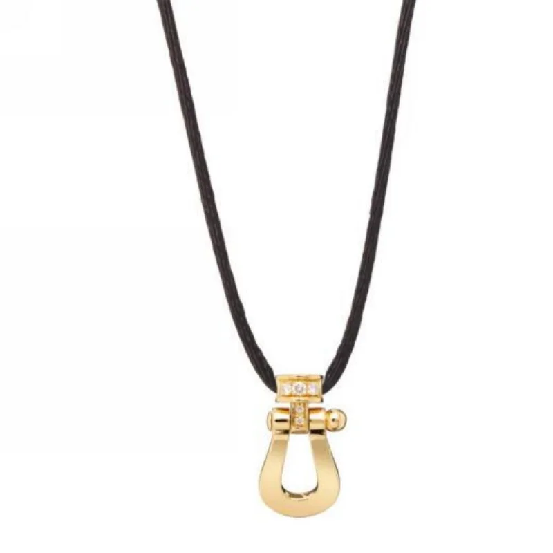 Gold Horseshoe Pendant Necklace with Black Cord & Diamond Accents
Gold Horseshoe Pendant Necklace with Black Cord & Diamond Accents