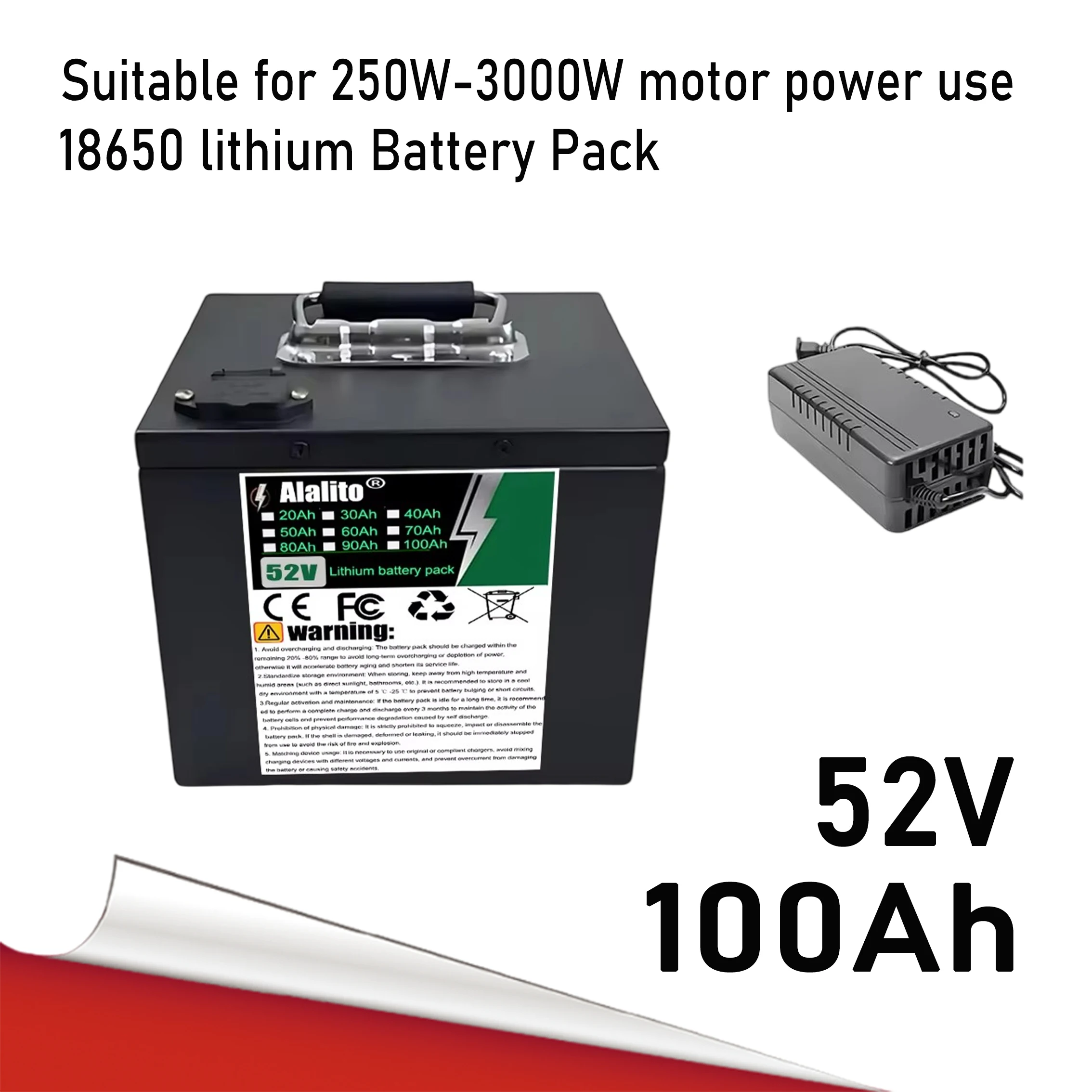 52V 20Ah-100Ah lithium battery pack, high-power battery, suitable for motors below 3000W, air freight
52V 20Ah-100Ah lithium battery pack, high-power battery, suitable for motors below 3000W, air freight