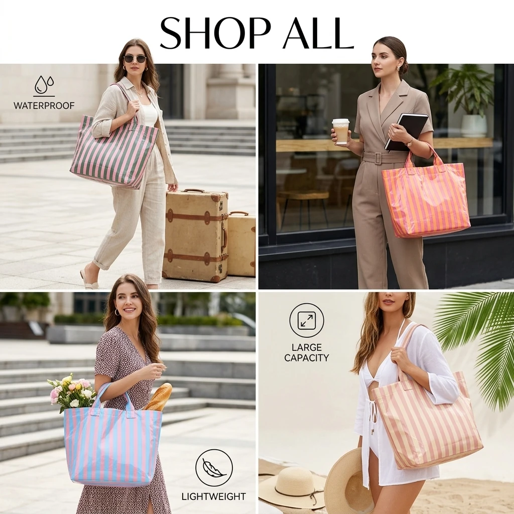 Striped Pvc Tote Bag Large Capacity Commuter Travel Shoulder Handbag | Lightweight Magnetic Snap Bag With Inner Zipper Pocket
Striped Pvc Tote Bag Large Capacity Commuter Travel Shoulder Handbag | Lightweight Magnetic Snap Bag With Inner Zipper Pocket