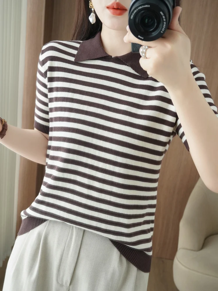 Women Summer 100% Cotton T-shirt Short Sleeve Sweater Polo Collar Knit Tees Pullover Color Stripe Outfit Tees Bottoming Wear Top
Women Summer 100% Cotton T-shirt Short Sleeve Sweater Polo Collar Knit Tees Pullover Color Stripe Outfit Tees Bottoming Wear Top