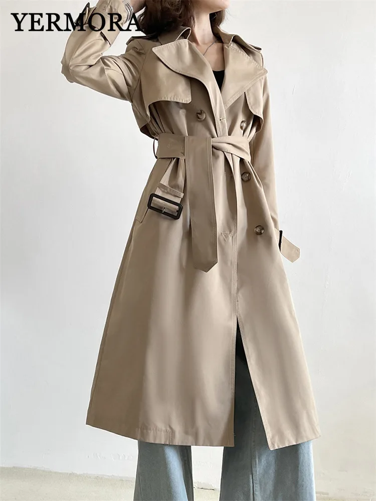 YERMORA Khaki Belted Double Breasted Vintage Trench For Women Lapel Long Sleeve Loose New Windbreaker Fashoin Spring Autumn 2025
YERMORA Khaki Belted Double Breasted Vintage Trench For Women Lapel Long Sleeve Loose New Windbreaker Fashoin Spring Autumn 2025