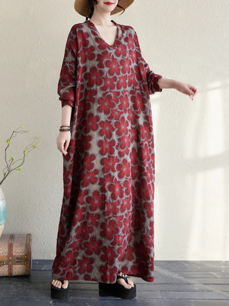Vintage V Neck Women Dress Long Sleeve Loose Casual Dress Female Printed Floral Red Maxi Dress 2025 Cotton Linen Oversize Dress
Vintage V Neck Women Dress Long Sleeve Loose Casual Dress Female Printed Floral Red Maxi Dress 2025 Cotton Linen Oversize Dress