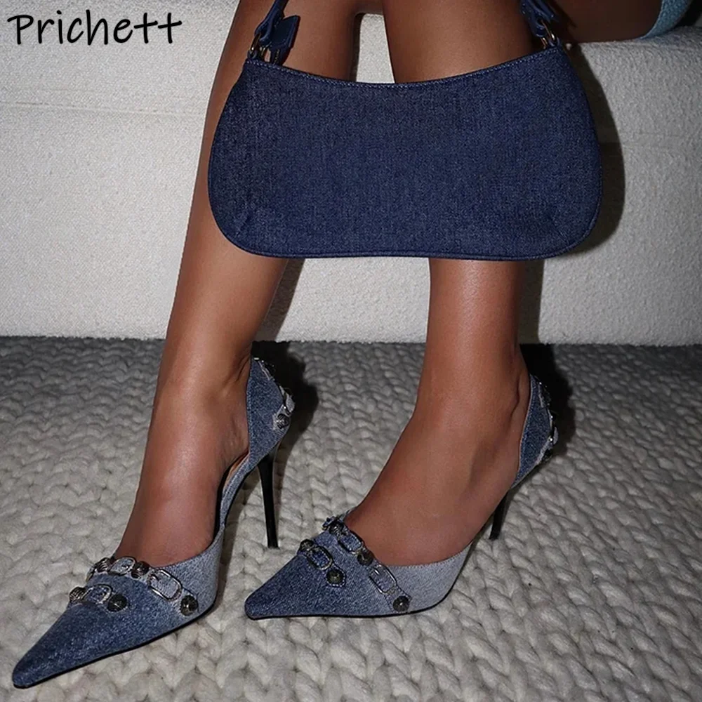 Gradient Denim Blue Pumps Metal Rivet Buckle Thin Heels Pointy Toe Canvas Stiletto Shoes Women's Sexy Official Sandals 2025
Gradient Denim Blue Pumps Metal Rivet Buckle Thin Heels Pointy Toe Canvas Stiletto Shoes Women's Sexy Official Sandals 2025