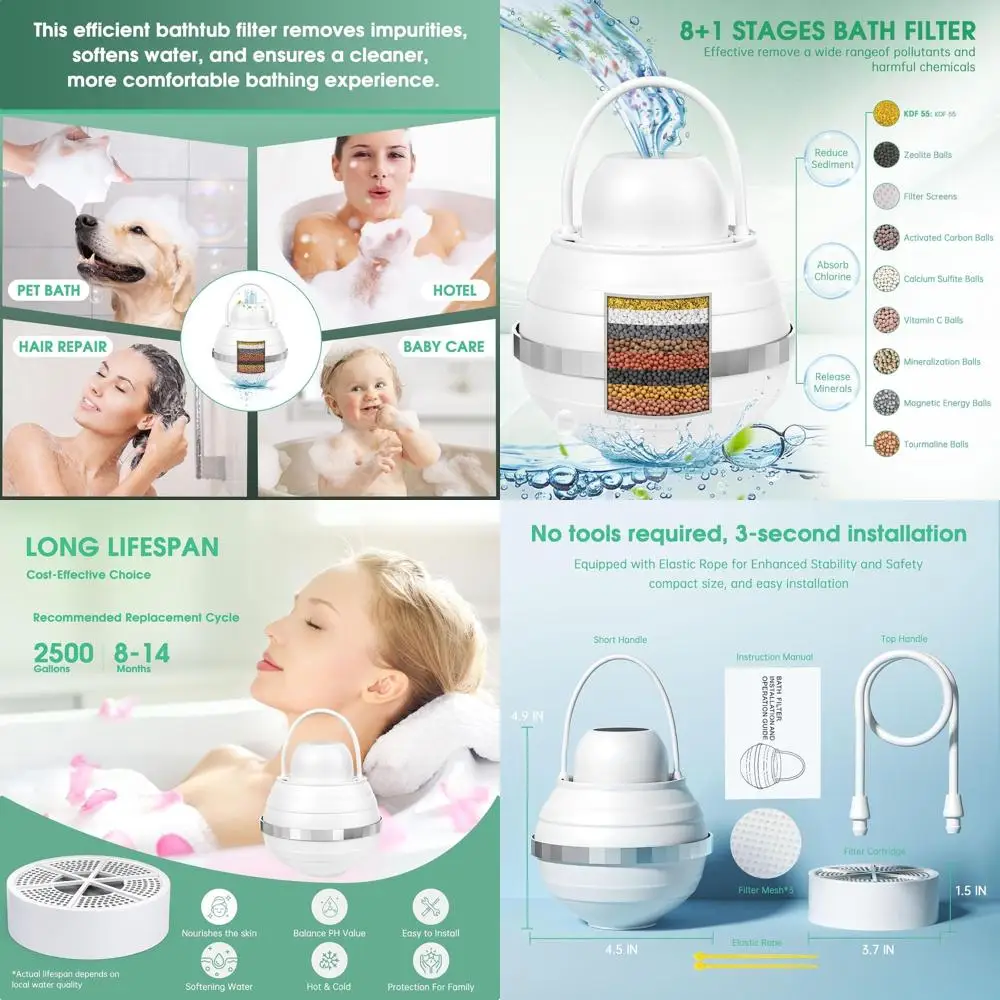8-Layer Bath Water Filter for Tub, Removes Contaminants, Softens Skin, 2,500 Gallons Capacity, BPA-Free
8-Layer Bath Water Filter for Tub, Removes Contaminants, Softens Skin, 2,500 Gallons Capacity, BPA-Free