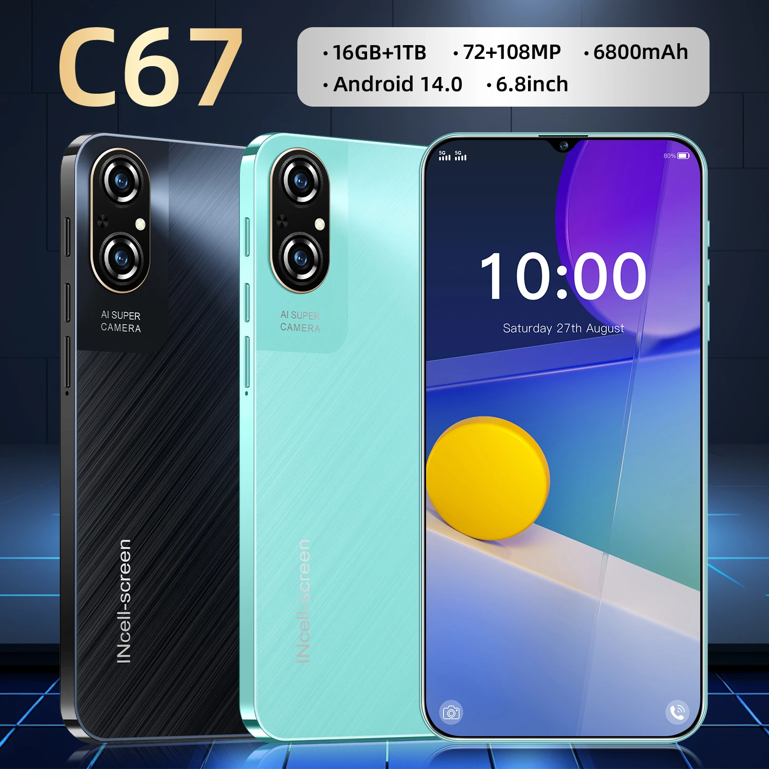 2024 Cellphones C67 6.8 Inch 5G Dual SIM Smartphone72MP+108MP Smart Mobile Phones 6800mAh Cell Phone Android 14 Global Version
2024 Cellphones C67 6.8 Inch 5G Dual SIM Smartphone72MP+108MP Smart Mobile Phones 6800mAh Cell Phone Android 14 Global Version