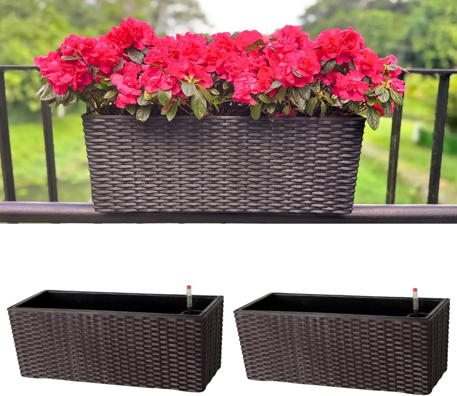 Self-Watering Rail Planter 20" 2-Pack, Black Rectangular Flower Box with Brackets, Rattan Pattern
Self-Watering Rail Planter 20" 2-Pack, Black Rectangular Flower Box with Brackets, Rattan Pattern