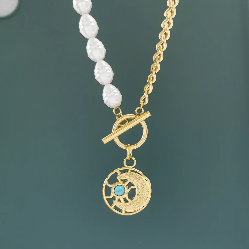 OT Lock Moon Star Pendant Women Necklace Blue Stone Imitation Pearl Chain Stainless Steel Waterproof Gold Color Wholesale QMHJE
OT Lock Moon Star Pendant Women Necklace Blue Stone Imitation Pearl Chain Stainless Steel Waterproof Gold Color Wholesale QMHJE
