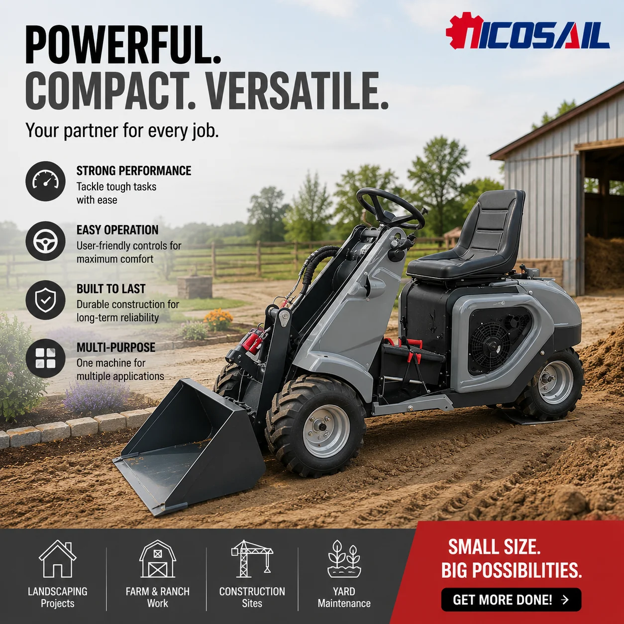 Custom 3 Wheel Skid Steer Loader CE Euro 5 Compact Loader for Farm Landscaping Property Maintenance and Construction
Custom 3 Wheel Skid Steer Loader CE Euro 5 Compact Loader for Farm Landscaping Property Maintenance and Construction
