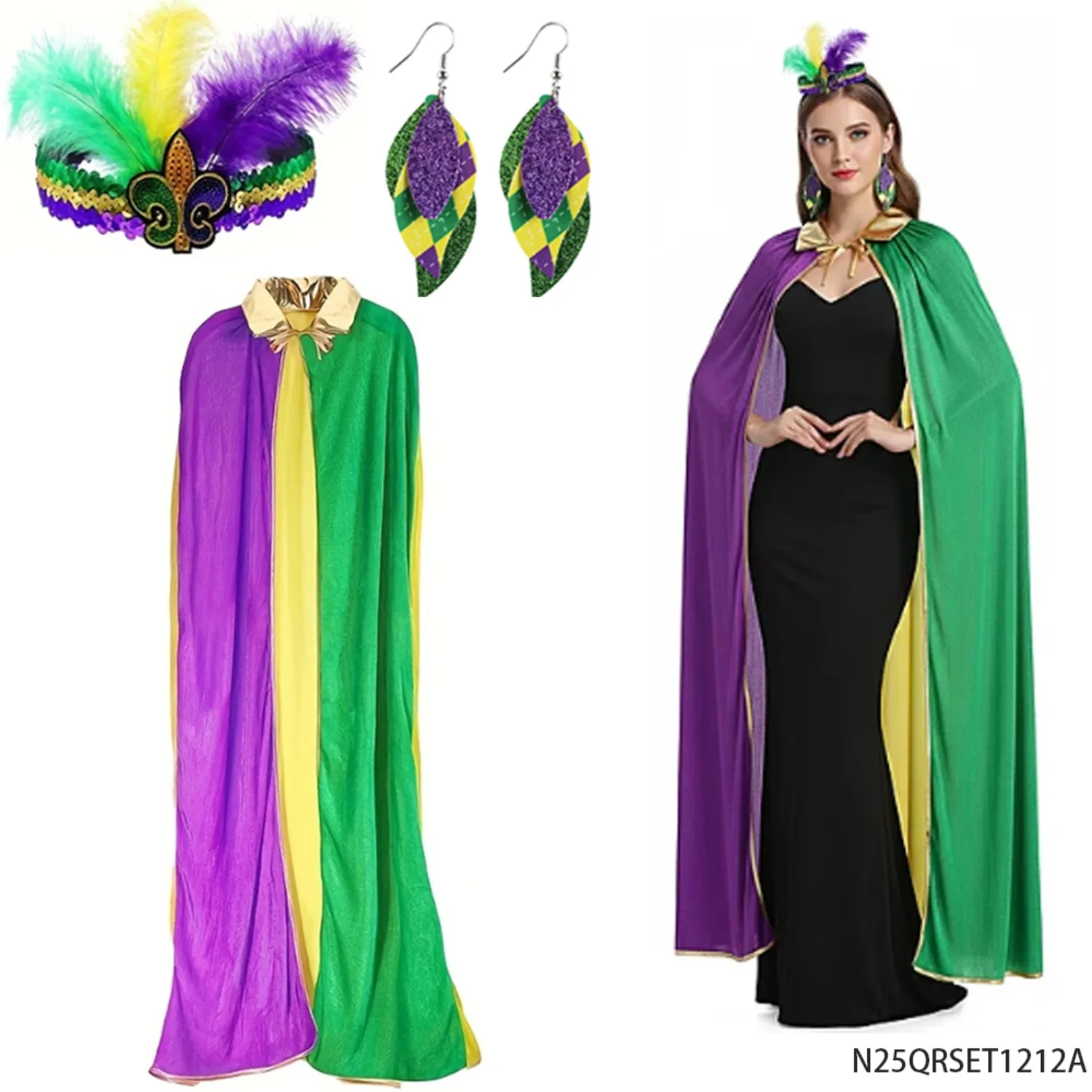 PESENAR Mardi Gras Cape Costume Set Feather Headband Earrings Party Accessory
PESENAR Mardi Gras Cape Costume Set Feather Headband Earrings Party Accessory
