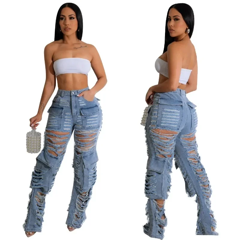 Women Distressed Holes Denim Cargo Pants Fashion Multi Pockets High Waist Button Fly Ripped Jeans Straight Trousers Streetwear
Women Distressed Holes Denim Cargo Pants Fashion Multi Pockets High Waist Button Fly Ripped Jeans Straight Trousers Streetwear