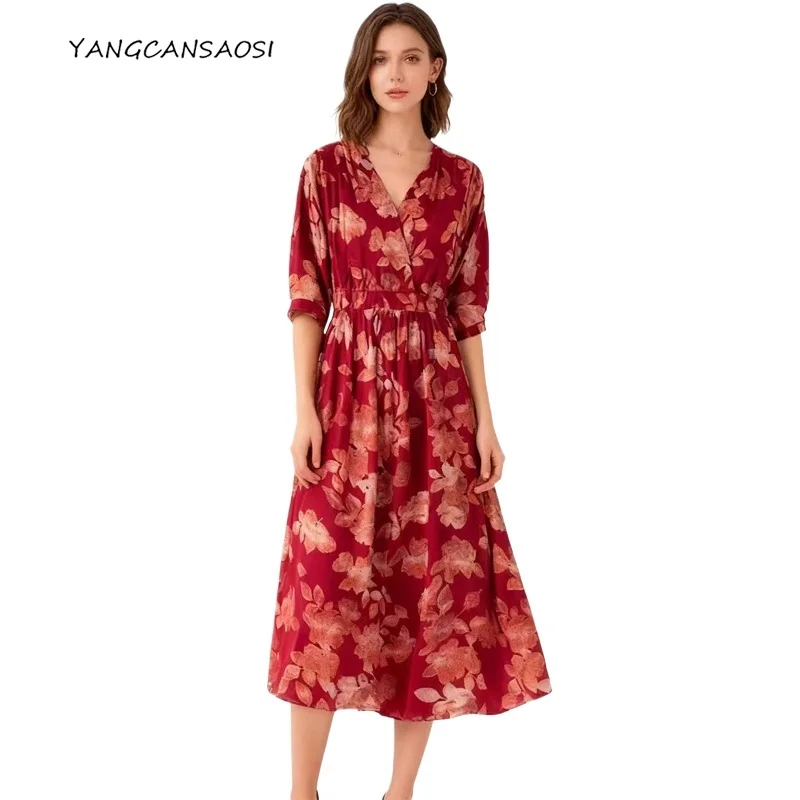 2025 Women's Fashion Dress Red Elegant 100% Natural Mulberry Silk Crepe De Chine V-neck Lantern Sleeve High Waist Casual Dress
2025 Women's Fashion Dress Red Elegant 100% Natural Mulberry Silk Crepe De Chine V-neck Lantern Sleeve High Waist Casual Dress