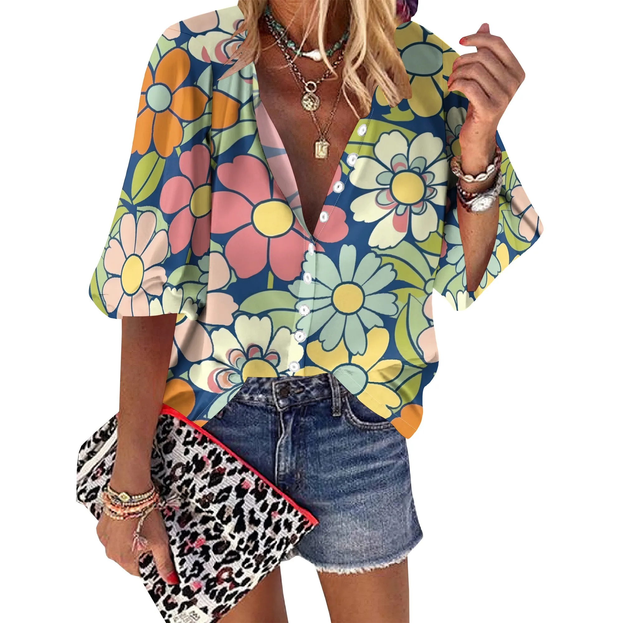 Women's Business Casual 60's Retro Flower Print Tops Summer 3/4 Sleeve Button Down Floral Shirts V Neck Blouses
Women's Business Casual 60's Retro Flower Print Tops Summer 3/4 Sleeve Button Down Floral Shirts V Neck Blouses