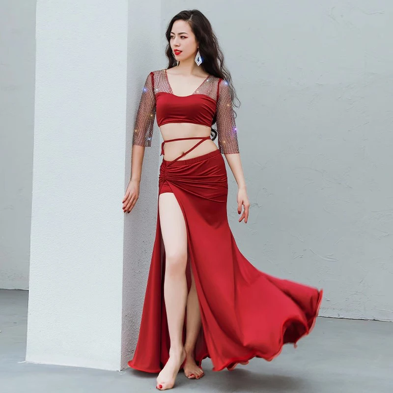Women Belly Dance Costume Girls Outfit Group Costume Transparent Sleeves Sexy Net Ruffle Long Skirts 2 PCS Set for Performance
Women Belly Dance Costume Girls Outfit Group Costume Transparent Sleeves Sexy Net Ruffle Long Skirts 2 PCS Set for Performance