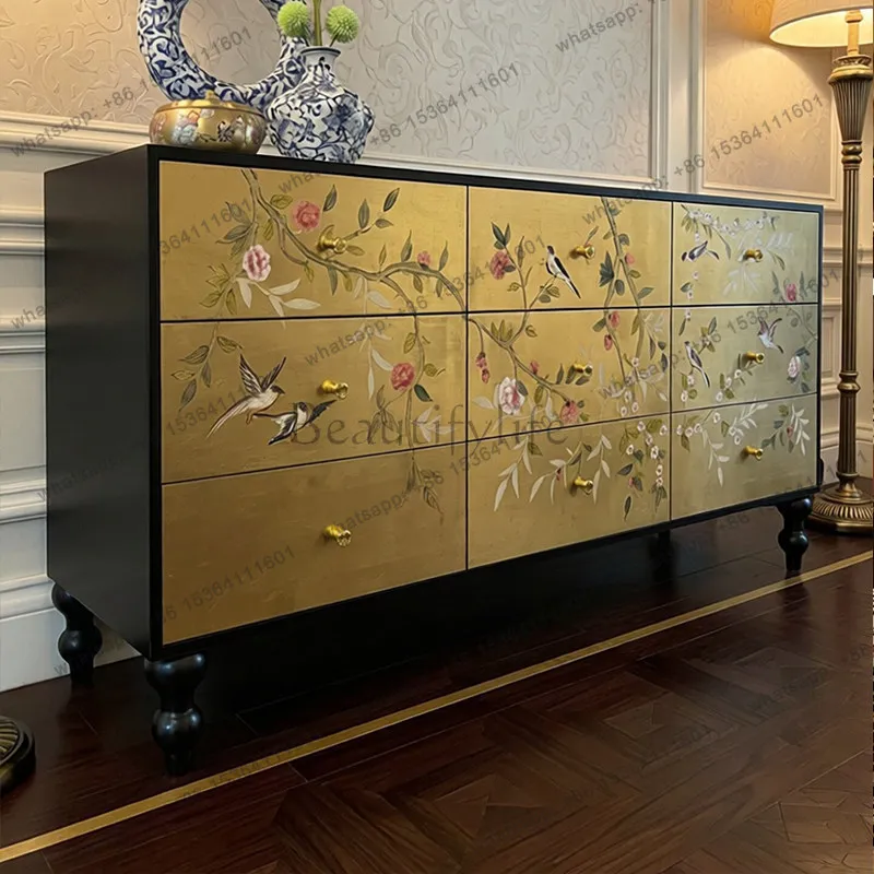 New Chinese-style painted nine-chest cabinet entry living room gold foil solid wood dining side cabinet
New Chinese-style painted nine-chest cabinet entry living room gold foil solid wood dining side cabinet