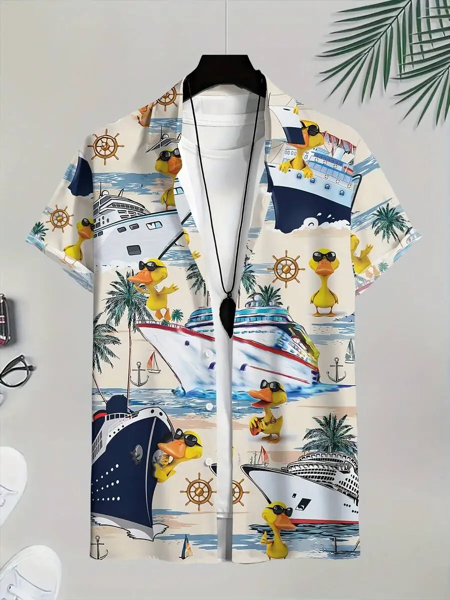 Mens Hawaiian Shirt With Cruise Ship Palm Tree And Duck Print For Beach Summer Casual Wear
Mens Hawaiian Shirt With Cruise Ship Palm Tree And Duck Print For Beach Summer Casual Wear