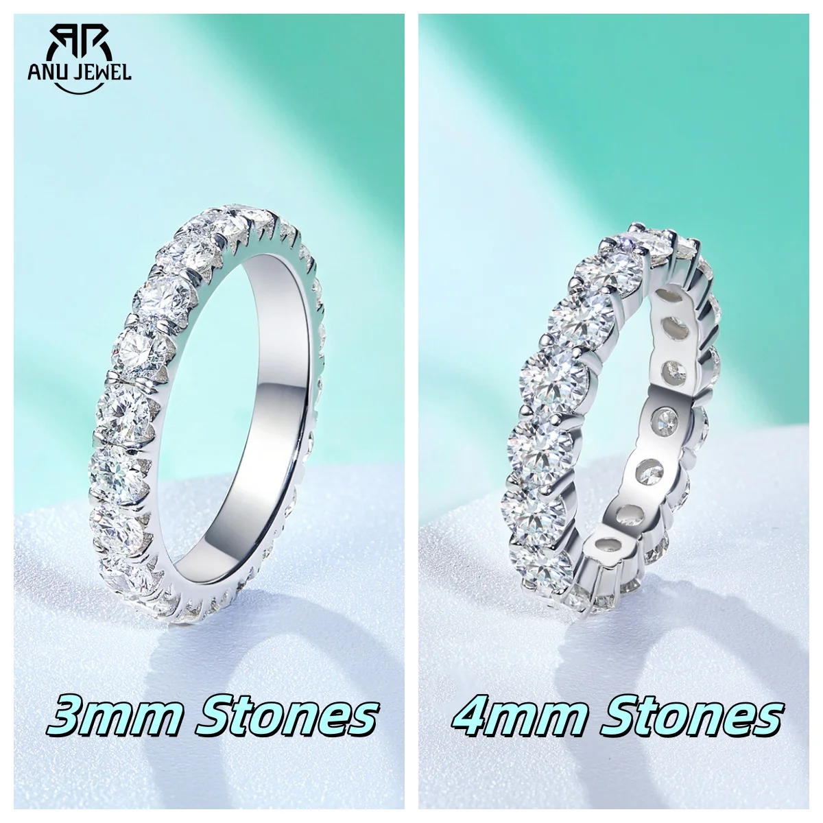 AnuJewel 3mm/4mm Moissanite Band Ring 925 Sterling Silver Eternity Band Rings (Choice Link)
AnuJewel 3mm/4mm Moissanite Band Ring 925 Sterling Silver Eternity Band Rings (Choice Link)