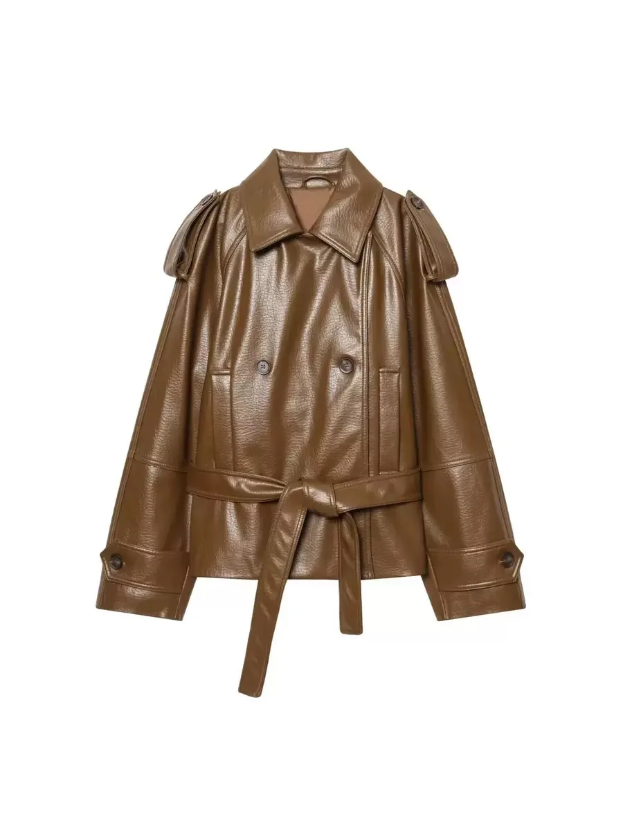 Retro Brown Leather Jacket Women's Waist-Cinching Notch Collar Coat Long Sleeve Spring Fashion Ladies' Premium Quality Coat
Retro Brown Leather Jacket Women's Waist-Cinching Notch Collar Coat Long Sleeve Spring Fashion Ladies' Premium Quality Coat