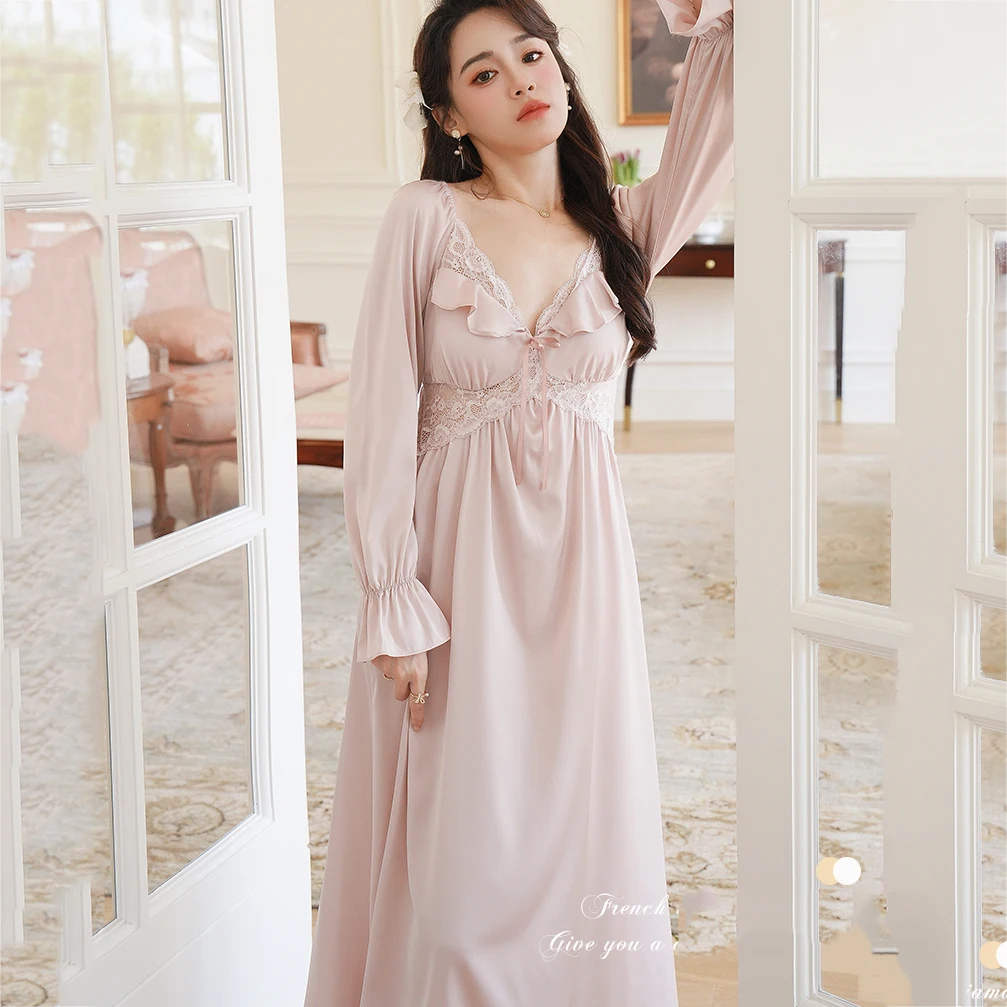 Sweet French Palace Style Princess Nightdress Female Long Nightgown Sleepwear Spring Summer Silk Satin Bathrobe Loose Home Wear
Sweet French Palace Style Princess Nightdress Female Long Nightgown Sleepwear Spring Summer Silk Satin Bathrobe Loose Home Wear