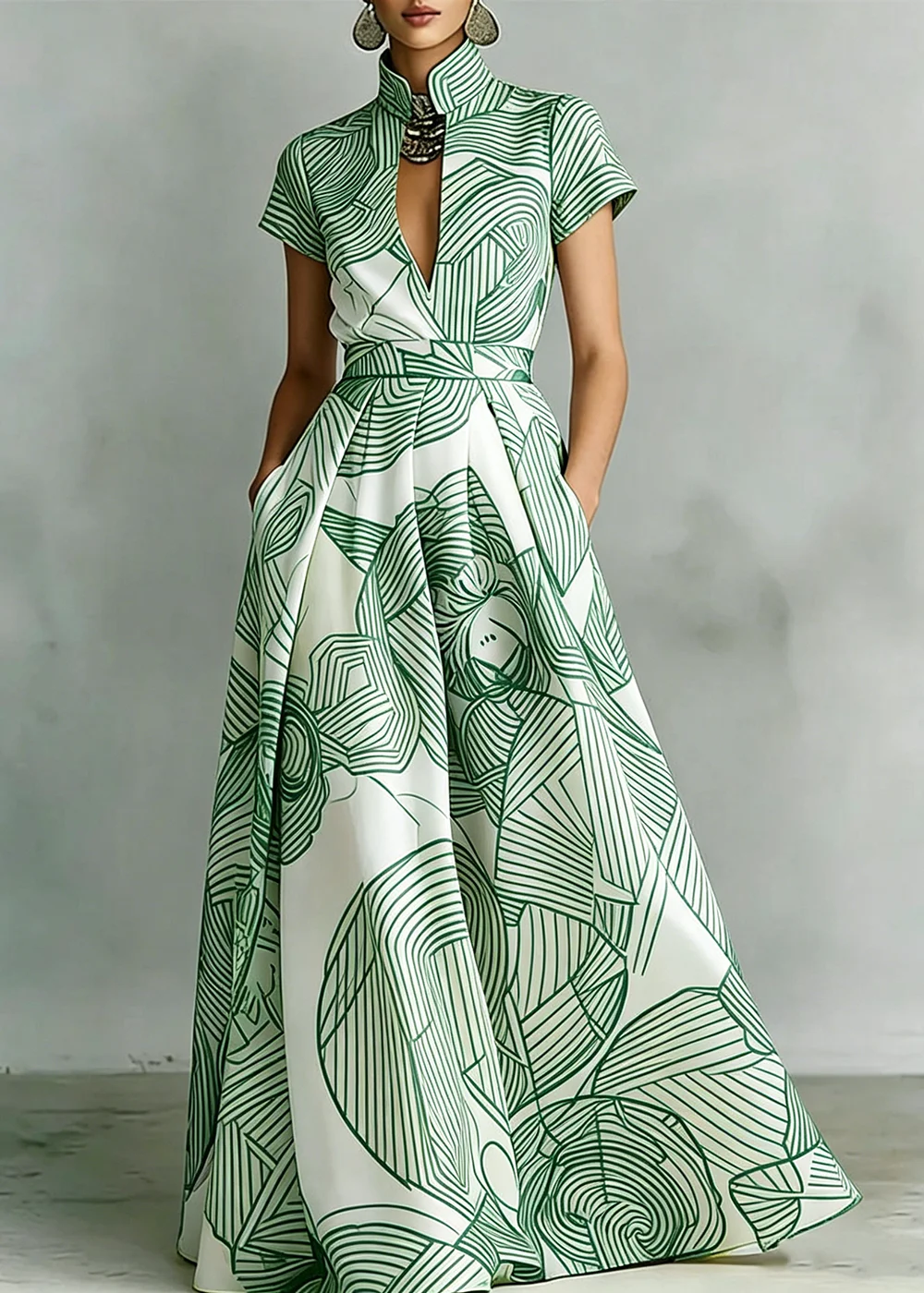 Women's Elegant Green White Line Leaf Floral Print Dress Stand Collar Short Sleeve Side Pocket Casual Summer Banquet Long Gown
Women's Elegant Green White Line Leaf Floral Print Dress Stand Collar Short Sleeve Side Pocket Casual Summer Banquet Long Gown