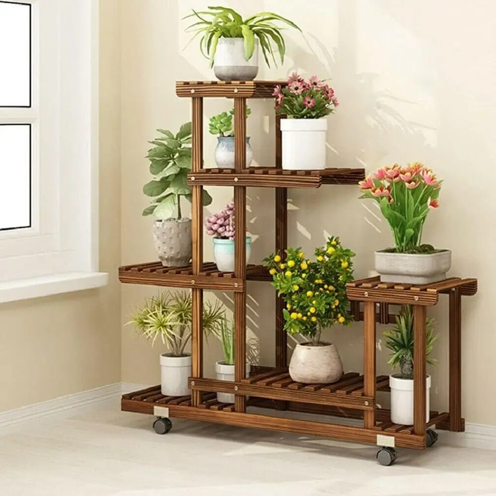 6-Tier Wooden Plant Stand with Wheels, Rustic Brown, Handcrafted Rectangular Design
6-Tier Wooden Plant Stand with Wheels, Rustic Brown, Handcrafted Rectangular Design