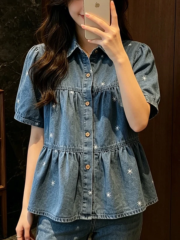 plus Size Women's Summer Shirt Stand Collar Embroidered Denim Loose Short Sleeve Fashionable Ageless Versatile Meat Concealing
plus Size Women's Summer Shirt Stand Collar Embroidered Denim Loose Short Sleeve Fashionable Ageless Versatile Meat Concealing