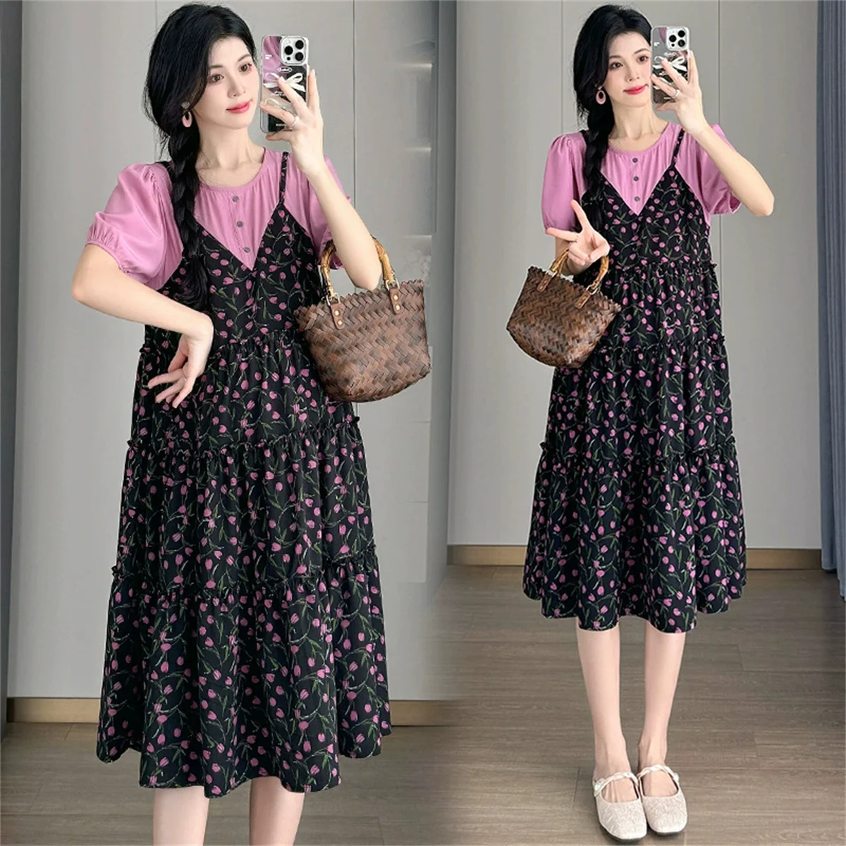 2025 summer new maternity dress floral small fresh waist round neck fake two dresses fashion maternity dress
2025 summer new maternity dress floral small fresh waist round neck fake two dresses fashion maternity dress