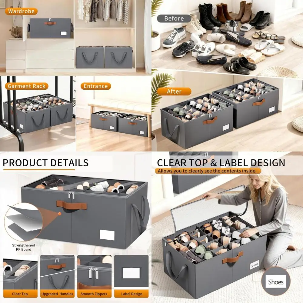 Collapsible Shoe Organizer with Clear Cover, Labels, and Reinforced Handles - Space-Saving Storage for 20-40 Pairs, Gray
Collapsible Shoe Organizer with Clear Cover, Labels, and Reinforced Handles - Space-Saving Storage for 20-40 Pairs, Gray