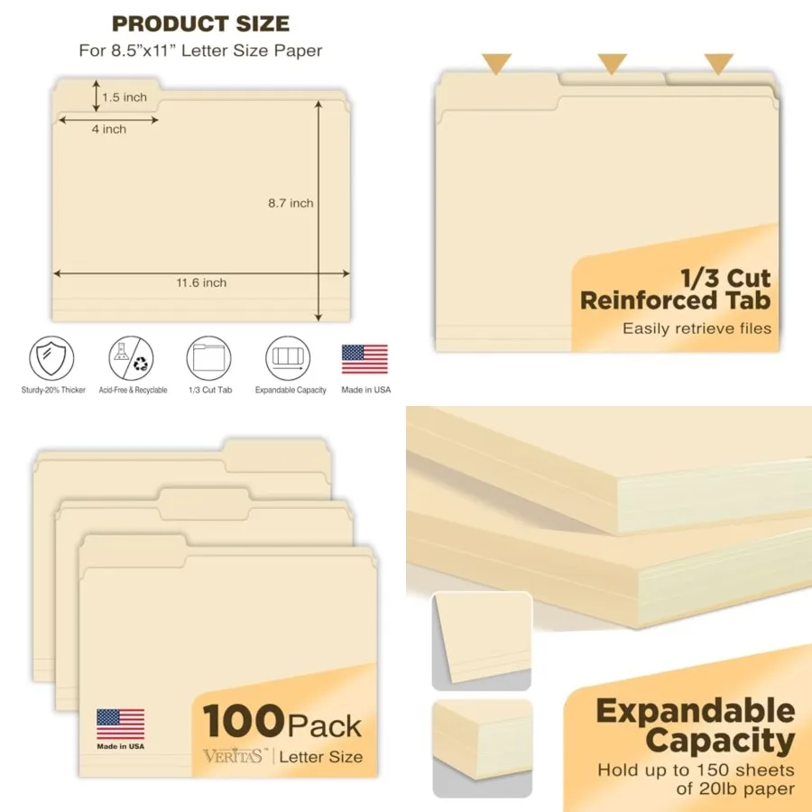 Папки Manilla, размер письма, 8,5 x 11, 100 упаковок, 1/3-разрезанные вкладки, папки Manila, сверхпрочная, прочная бумага 120 фунтов для домашнего офиса
Папки Manilla, размер письма, 8,5 x 11, 100 упаковок, 1/3-разрезанные вкладки, папки Manila, сверхпрочная, прочная бумага 120 фунтов для домашнего офиса