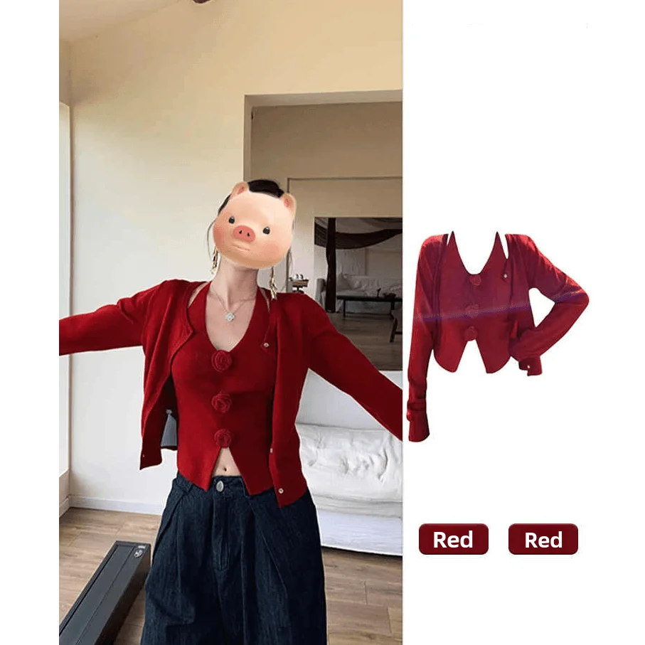 Red Knitted Open Cardigan And Strap Two-Piece Set Korean Style Autumn Fashion Women's Elegant Dressing Sweet Fit Long Sleeve
Red Knitted Open Cardigan And Strap Two-Piece Set Korean Style Autumn Fashion Women's Elegant Dressing Sweet Fit Long Sleeve