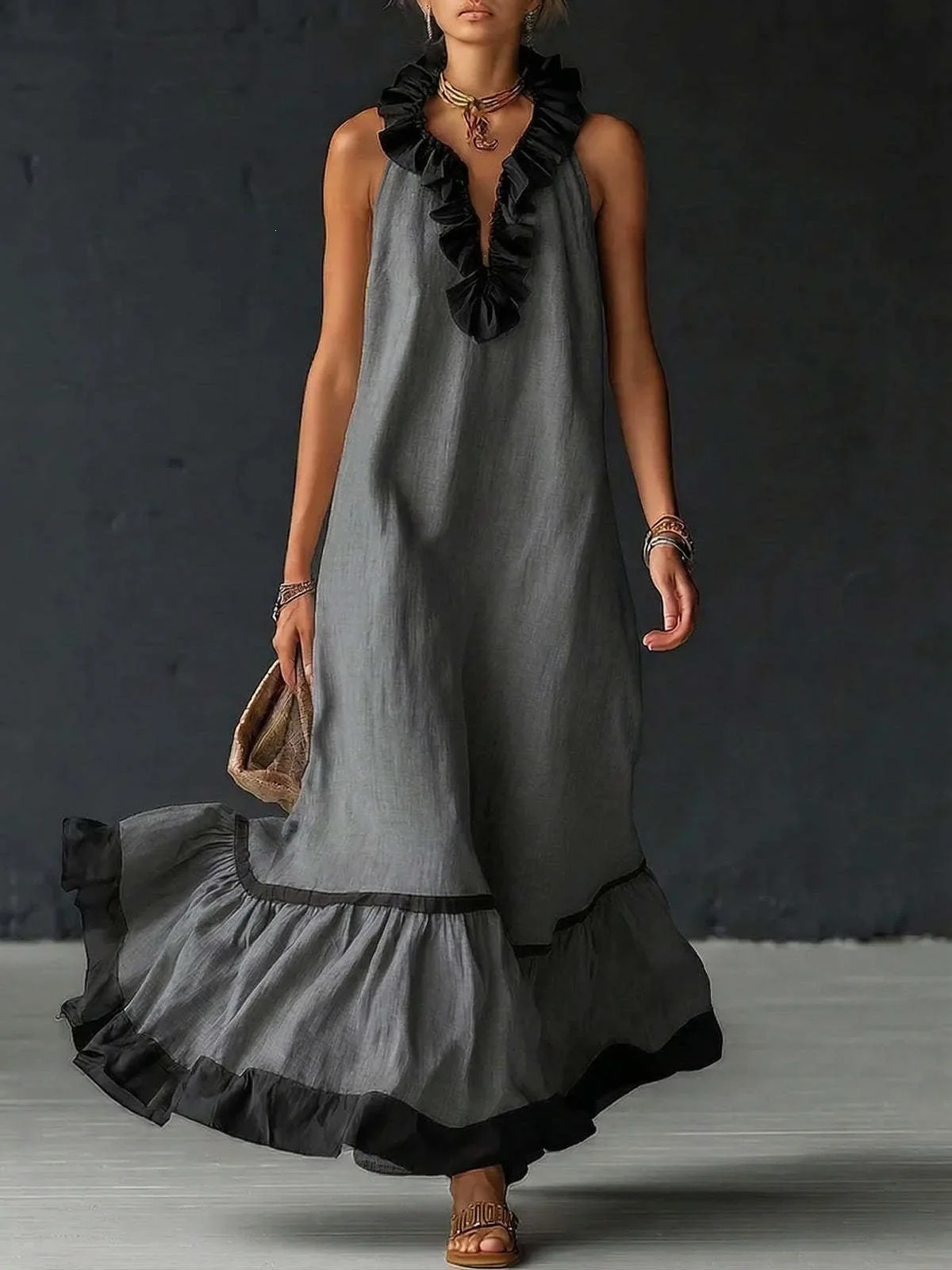 Elegant Sexy Dress Summer Loose Casual Simple Holiday Style Ruffled V-neck Contrasting Color Sleeveless High-waisted Long Dress
Elegant Sexy Dress Summer Loose Casual Simple Holiday Style Ruffled V-neck Contrasting Color Sleeveless High-waisted Long Dress