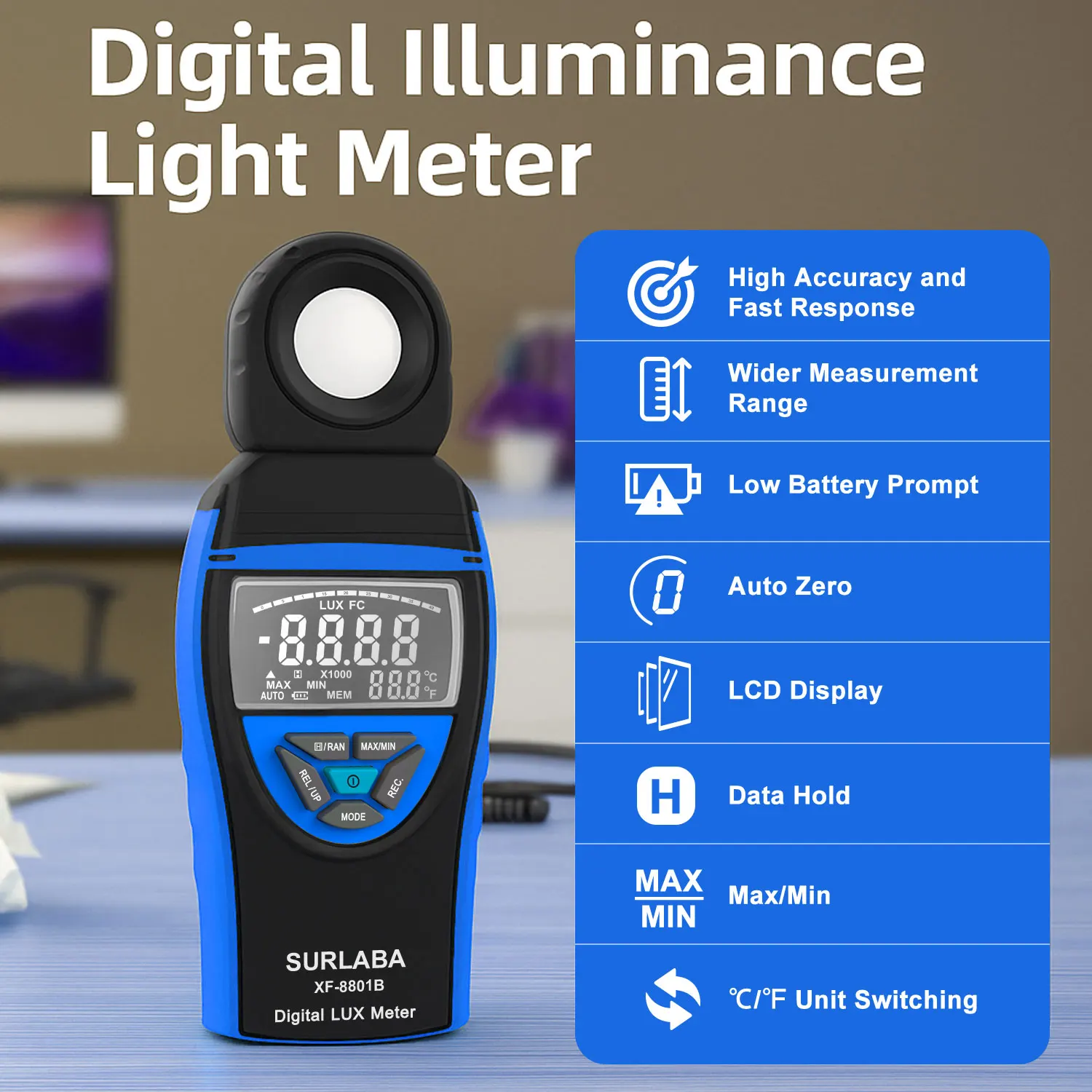 8801B Digital Lux Meter Light Meter 1-400000 Lux with 270 Degree Rotatable Sensor Temperature Data Hold