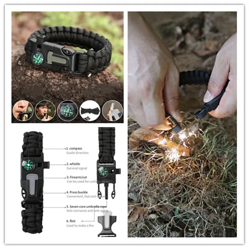 Outdoor sports foldable survival bracelet with five in one multifunctional compass, flint rope, survival weaving bracelet tool
Outdoor sports foldable survival bracelet with five in one multifunctional compass, flint rope, survival weaving bracelet tool