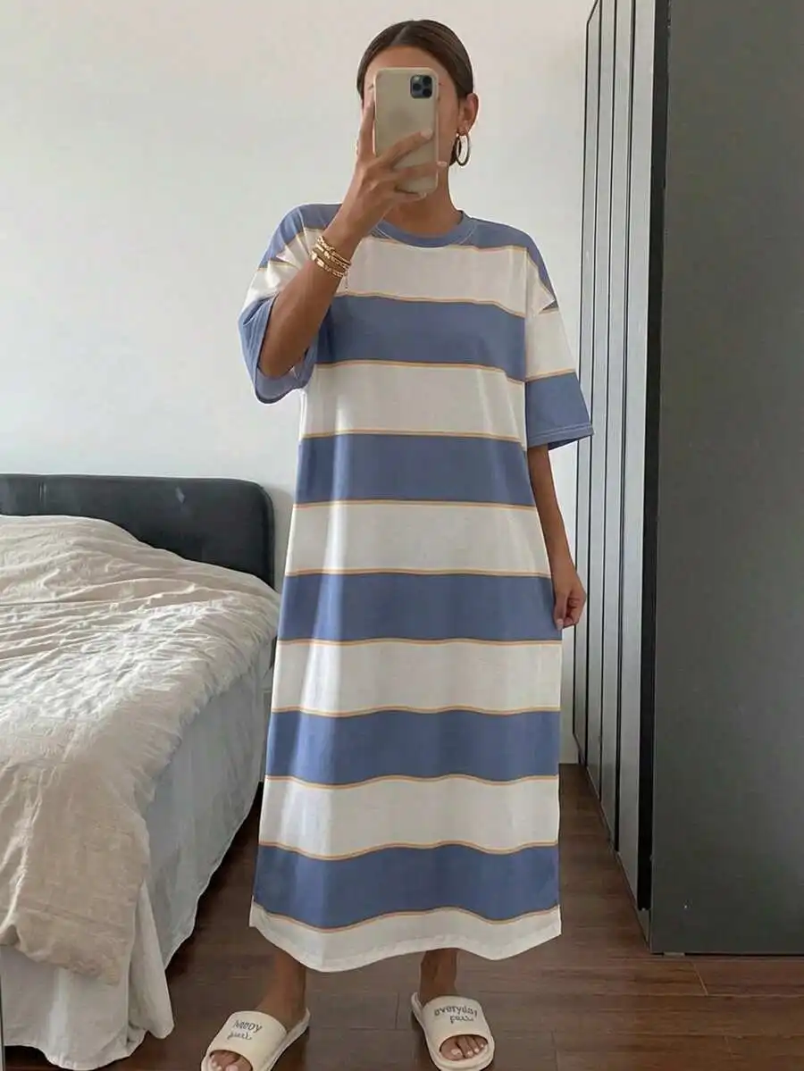 Casual Wide Striped Loose Short Sleeve Homewear Dress
Casual Wide Striped Loose Short Sleeve Homewear Dress