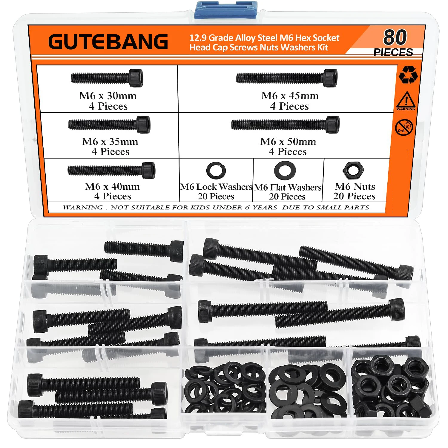 80 pieces of M6 x 30/35/40/45/50 mm hexagon internal hexagon screws, nuts and washers, 12.9 grade alloy steel
80 pieces of M6 x 30/35/40/45/50 mm hexagon internal hexagon screws, nuts and washers, 12.9 grade alloy steel