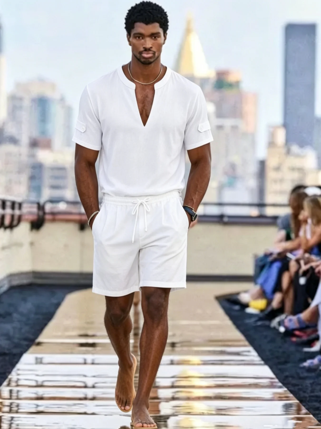 Men's Summer Linen Matching Set, Stand Collar Deep V Neck Short Sleeve Top & Elastic Waist Shorts for Beach Vacation Daily Wear
Men's Summer Linen Matching Set, Stand Collar Deep V Neck Short Sleeve Top & Elastic Waist Shorts for Beach Vacation Daily Wear