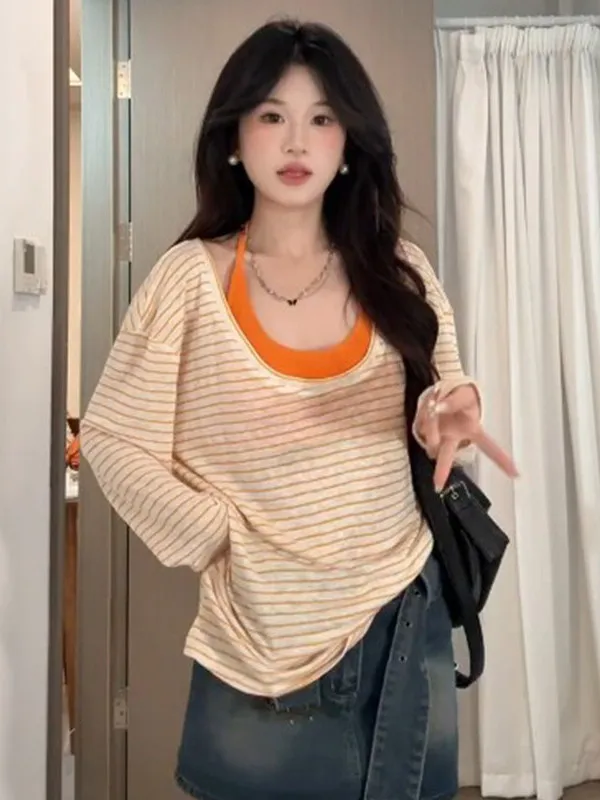 Loose Fit Striped Long Sve T-irt Women's Spring Sle Orange Stripe Lazy Faion Top UV Protection Cover up irt
Loose Fit Striped Long Sve T-irt Women's Spring Sle Orange Stripe Lazy Faion Top UV Protection Cover up irt