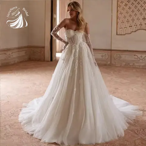 VeraNova lassic robes De mariée sans bretelles pour mariée dentelle Appliques Tulle plissé a-ligne perles Trouwjurk De mariée personnalisé