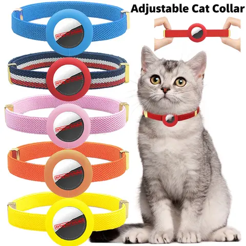 Cute Breakaway Cat Collar Elastic GPS Tracker Kitten Collar with Air Tag Holder Case Adjustable 5-12in Pets Collars for Cats