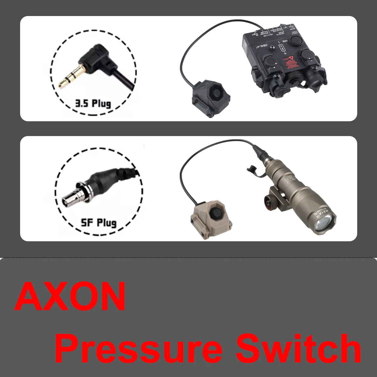 AXON Remote Single Wire Pressure Switch,2.5/SF/CRANE LASER Plugs,for Hunting Tactical Scout Flashlights PEQ,Fit P or M-LOK Rail
AXON Remote Single Wire Pressure Switch,2.5/SF/CRANE LASER Plugs,for Hunting Tactical Scout Flashlights PEQ,Fit P or M-LOK Rail