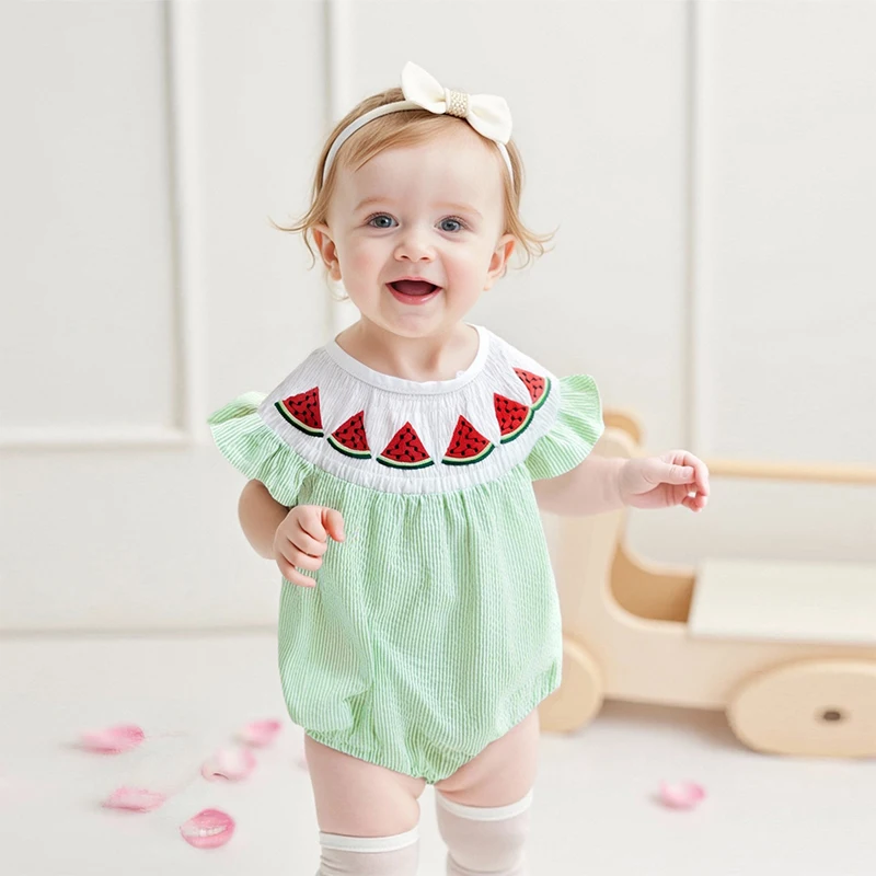 Baby Girls Summer Romper Stripe Print Flying Sleeves Round Neck Watermelon Embroidery Jumpsuit
Baby Girls Summer Romper Stripe Print Flying Sleeves Round Neck Watermelon Embroidery Jumpsuit