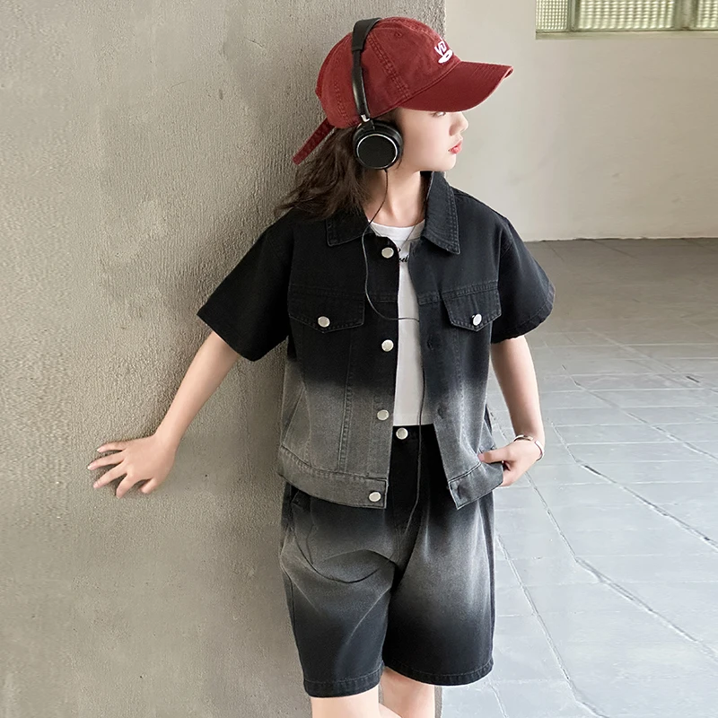 New Summer Child High Fashion Street Black Denim Set for Teens Girl y2k Harajuku Gothic Trendy Streetwear Two Piece Sets Outifit
New Summer Child High Fashion Street Black Denim Set for Teens Girl y2k Harajuku Gothic Trendy Streetwear Two Piece Sets Outifit