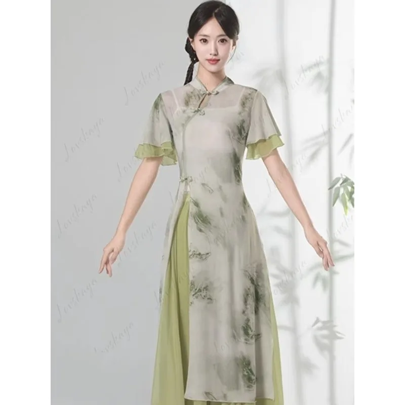 Chinese Folk Dance Practice Clothes Retro Cheongsam Style Sheer Coat Loose Dance Pants Skirt
Chinese Folk Dance Practice Clothes Retro Cheongsam Style Sheer Coat Loose Dance Pants Skirt